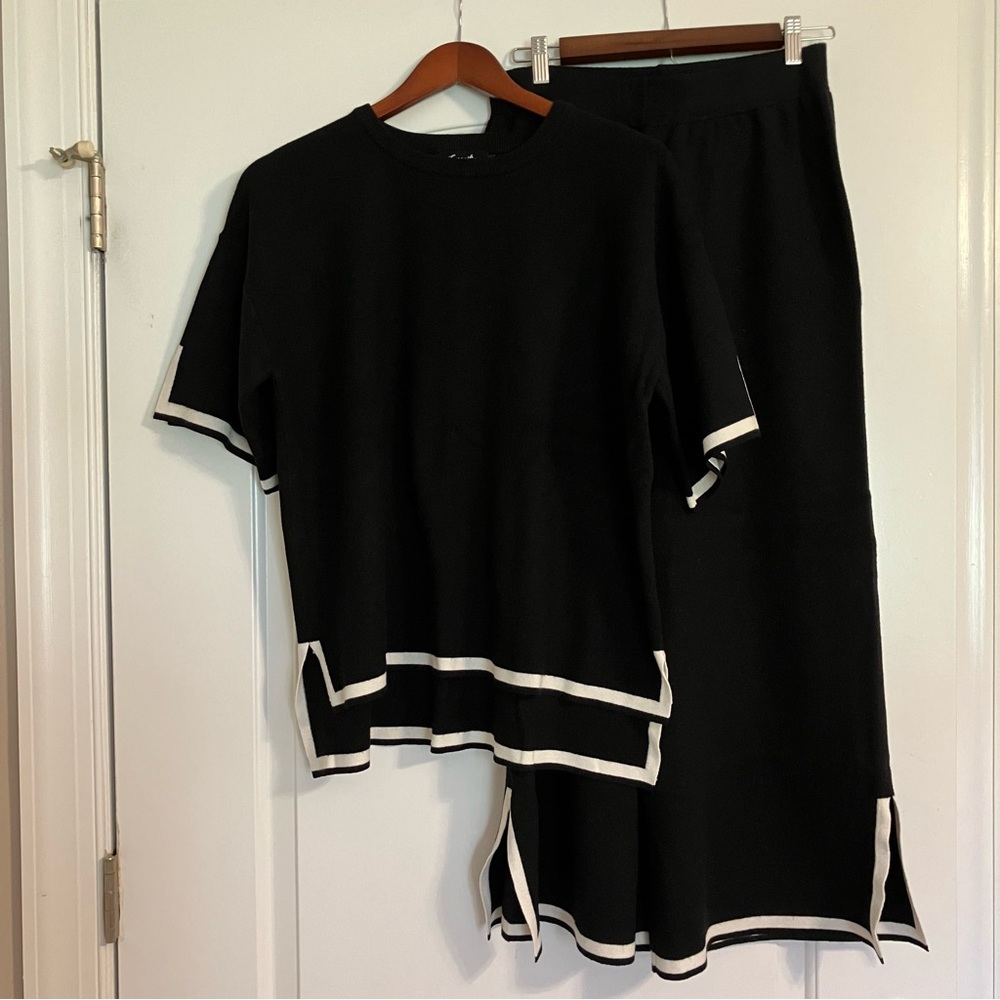 Caracilia 2-piece knit set short-sleeve‎ top wide-leg pants black & white Sz L